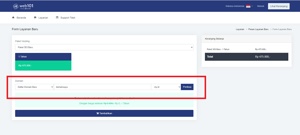 tutorial order website di Web101 | Pemilihan domain